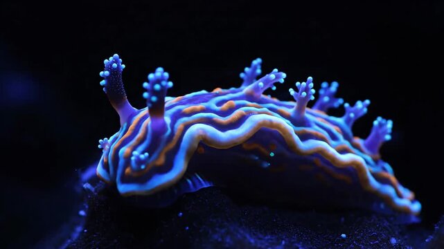 A vibrant nudibranch sea slug with blue and orange patterns moves slowly underwater in the deep ocean abyss