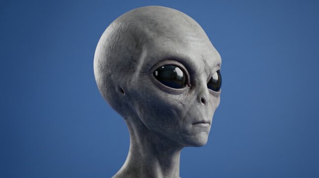 Realistic portrait of a grey alien on a blue background