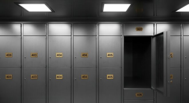 Row of Gray Metal Lockers with One Open Door in a Secure Storage Facil