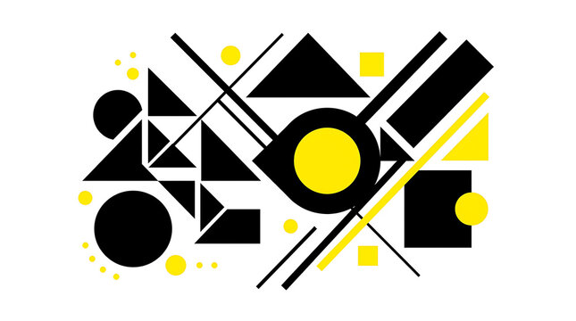 Abstract composition with geometric shapes circles and triangles in black and yellow hues.