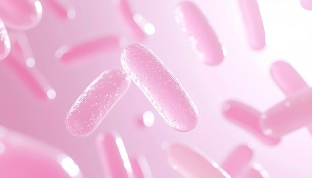 ピンク色の乳酸菌と腸内フローラを表現した幻想的プロバイオティクス背景 ジェネレーティブAI