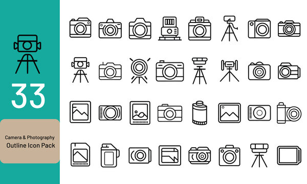 Camera icons, photography symbols, outline style, 33 vector graphics, icon pack