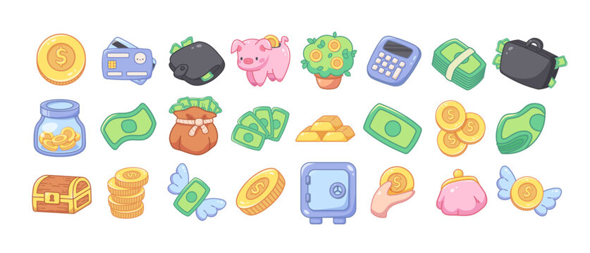 Cute set of kawaii finance icons. Vector illustrations with outlines isolated. Money, coins, savings, banking and financial services, cozy icons for games, stickers