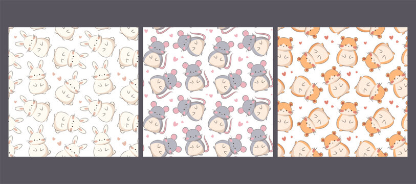 Set of patterns with cute animals. Ornament for printing on fabrics with a white rabbit, mouse, and hamster. Set of swatches for children's clothing, underwear, and goods