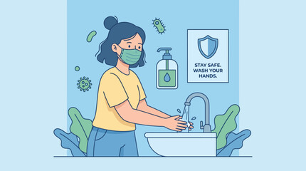 Obraz premium Woman washing hands with soap and wearing face mask.