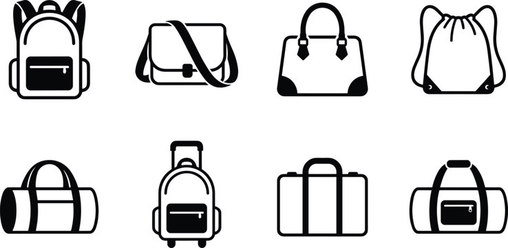 Bag and Luggage Icon Set Featuring Backpacks, Handbags, Duffel Bags, Suitcases, and Drawstring Bags for Travel, Fashion, and Lifestyle Applications
