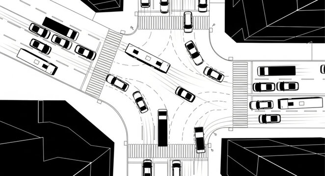 Aerial view of busy city intersection with cars and buses.