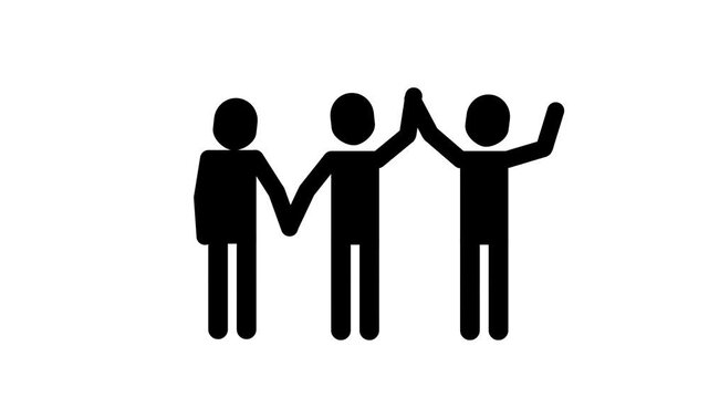 Three animated stick figures showing changing interaction poses in simple animation.