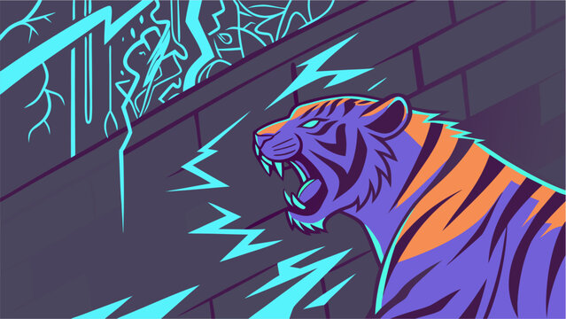 Purple tiger roars, lightning crackles.

