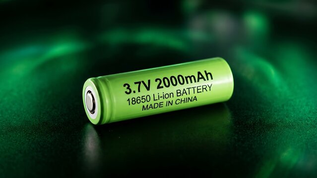 Green 3.7V 2000mAh 18650 cylindrical Li-ion battery with text details, set against a blurred green background.