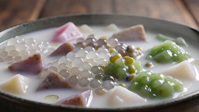Delicious Thai Dessert Coconut Milk Tapioca Pearls Taro Sweet Soup.