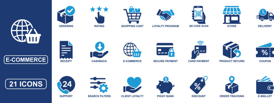 E Commerce Solid Icon Set Featuring Online Shopping, Delivery, Store, Secure Payment, Discount, Cashback, Shopping Cart, Loyalty Program and Digital Retail Vector Icons