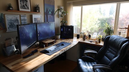 Fototapeta premium A home office with dual screens and modern desk setup