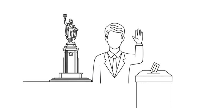 Man taking an oath next to a ballot box and monument