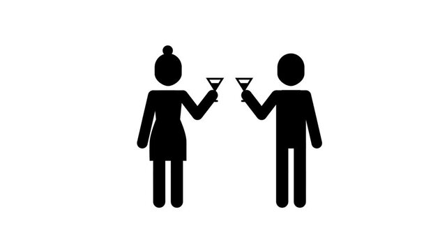 A man and a woman animated stick figure celebrating with drinks.