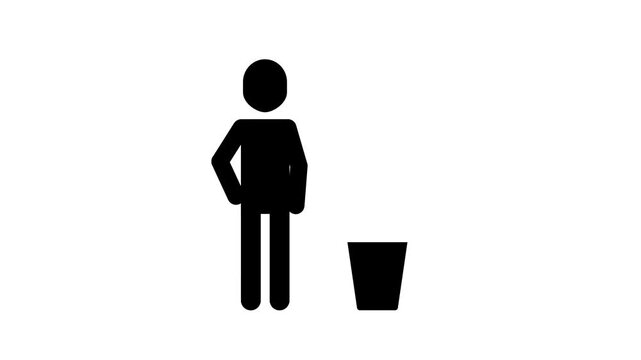 Animation of an animated stick figure throwing trash into a bin.