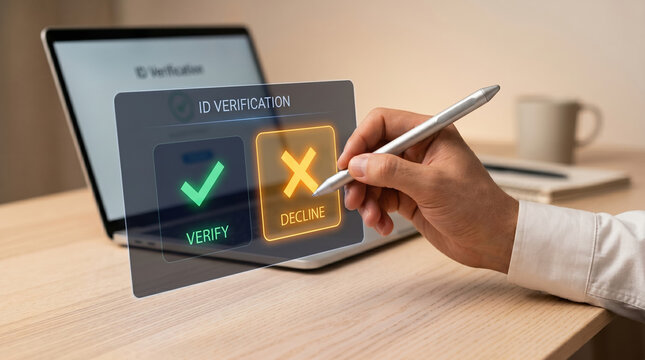 Digital ID verification interface with decline option, person using stylus on virtual screen for identity authentication, secure online access