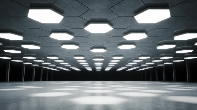 Modern futuristic interior with hexagonal lights and concrete architecture while creating a sleek geometric environment