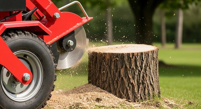 Red wood chipper cutting large tree stump in grassy outdoor area