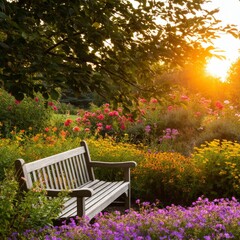 Naklejka premium Bright Garden With Flowers and a Bench During Sunset in a Peaceful Location