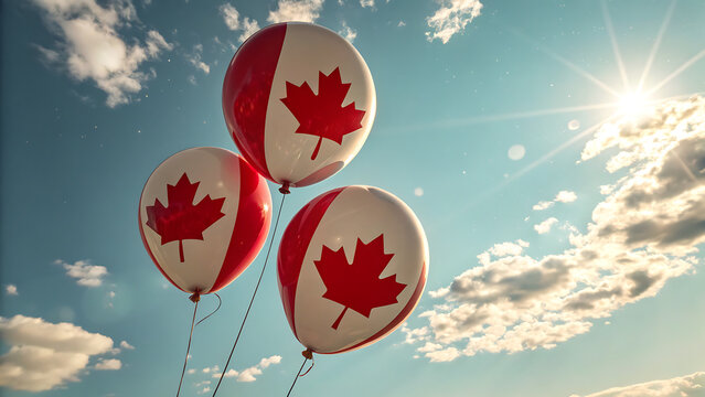 Three Glossy Canada Flag Balloons Floating in a Sunny Blue Sky for Canada Day Celebration
