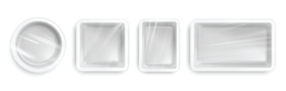 Styrofoam food tray mockups with clear wrap, realistic 3D white disposable packaging top view, templates for takeaway meals, supermarket groceries, catering and bakery products. Vector set