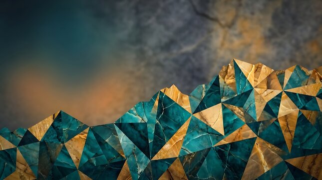 Geometric shapes form a mountain range with blue and gold triangles against a cloudy sky