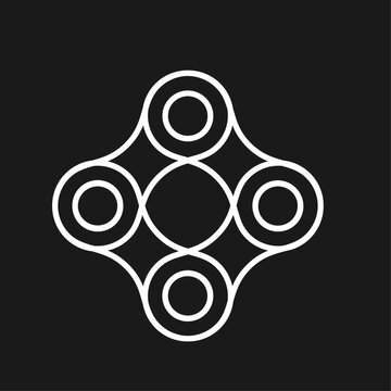 Abstract Geometric Interconnected Circles Pattern Icon. Minimalist Line Art Design of Five Connected Rings Symbol on Dark Background.
