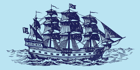 Historic sailing ship illustration with waves nautical sketch style © Rubel