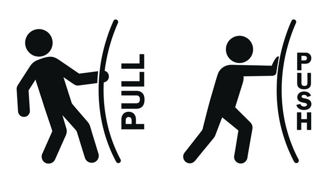 Stick figure silhouettes showing pull and push door actions for entrance and exit signage