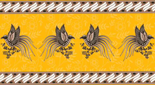 Traditional Yellow Batik Border Pattern with Parang Motif, Stylized Bird and Ethnic Ornament