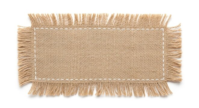 Rustic Burlap Fabric Patch with Frayed Edges and White Stitching Borde
