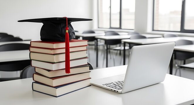 Graduation cap on stacked books beside open laptop in classroom