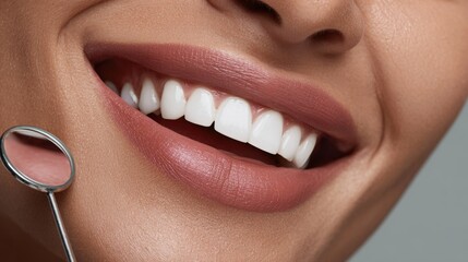 Fototapeta premium Close-up of a smiling woman showcasing perfect white teeth with a dental mirror highlighting oral health and beauty in a bright aesthetic setting. Generative AI