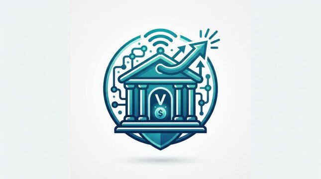Digital Bank Building with Circuitry WiFi and Growth Arrow Icon.