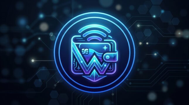 Digital Wallet Icon with Wireless Connectivity in Neon Blue Glow.
