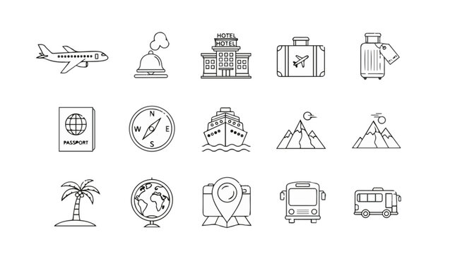 A collection of black vector zodiac sign icons and travel symbols set for business map illustration and tourism