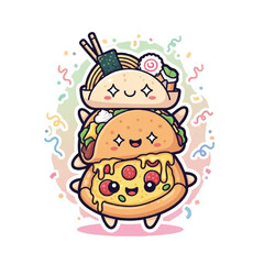 Fototapeta premium Adorable Stack of Kawaii Food Characters Ramen Taco and Pizza.