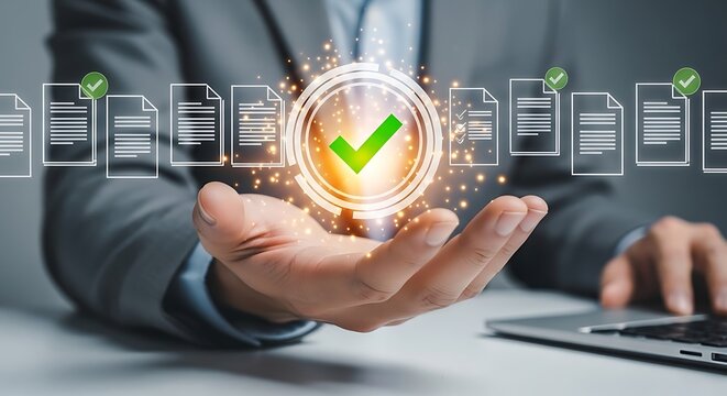 Businessperson hand holding glowing checkmark with documents background