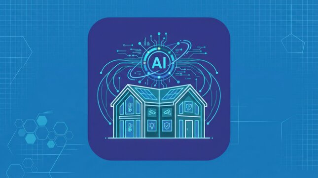 Futuristic AI Integrated Smart Home Technology Icon.