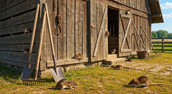 Charming rural landscape featuring a weathered old barn, lively mice playing among the grassy fields
