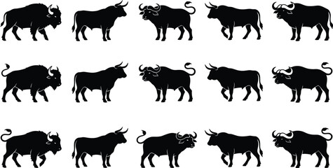 Fototapeta premium Bull and Buffalo Silhouette Collection with Powerful Farm Animal Poses for Agriculture, Ranch, Livestock, and Wildlife Vector Designs