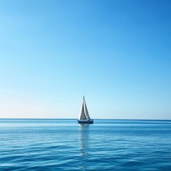 Fototapeta premium Sailboat Moves Across Calm Waters Under Clear Blue Sky in Sunny Weather