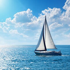 Fototapeta premium Sailboat Moves Across Water Under Bright Sky With Clouds in Midday Light