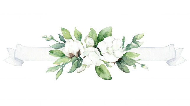 Watercolor white blossom cotton flowers with eucalyptus leaves creating a delicate floral ribbon border transparent