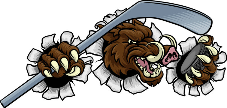 A wild boar, hog razorback warthog pig hockey sports cartoon mascot
