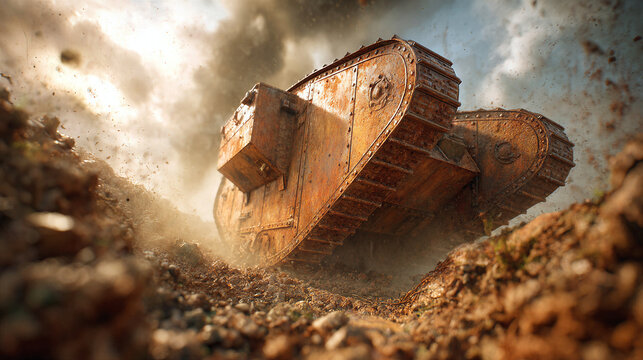 Massive British Mark I tank advances through a dusty, war-torn battlefield landscape