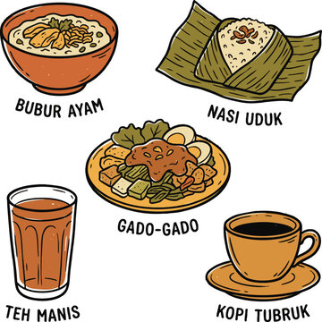 indonesian favorite food collection with gado gado kopi tubruk nasi uduk and hot tea hand drawn illustration set