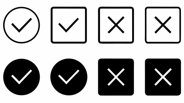 Check mark and cross icon set in rounded square and circle buttons for approval and rejection
