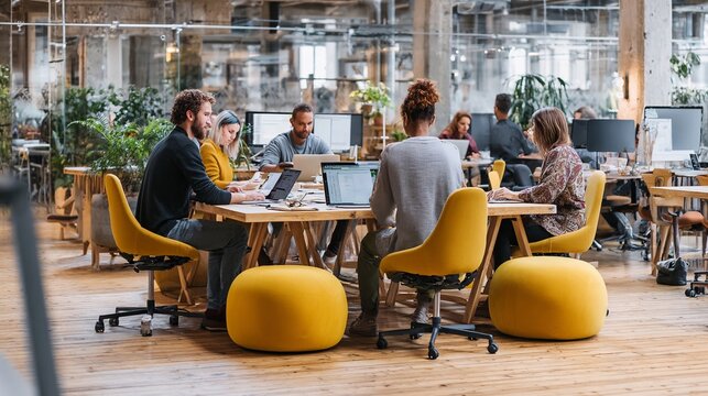 A diverse group of professionals collaborate in a bright, modern office space, featuring yellow seating and plants.
